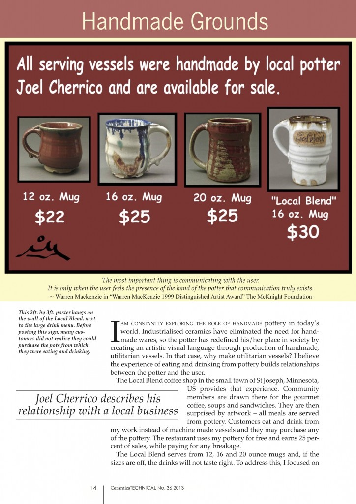 Page 1, Joel Cherrico Pottery, Ceramics Art and Perception, Technical, Handmade Grounds at the Local Blend, 2013