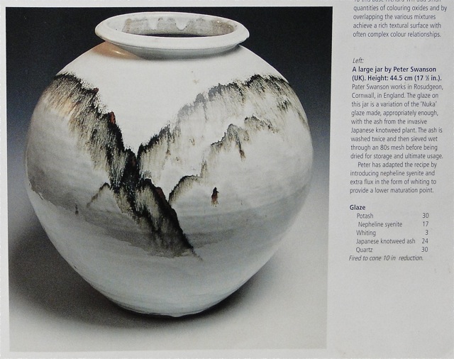 Jar by Peter Swanson, from Phil Rogers, "Ash Glazes." Joel's Nuka glaze recipe came out of this book, and he's conducted over 300 tests to experiment with the glaze at varying temperatures and in both gas and electric kilns. The drips of iron on this stunning pot exemplify an abstract depiction of a mountainous landscape.