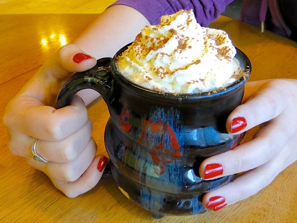 Cosmic Mug with Whipped Cream Coffee Drink and Hands and Red Nails, Cherrico Pottery